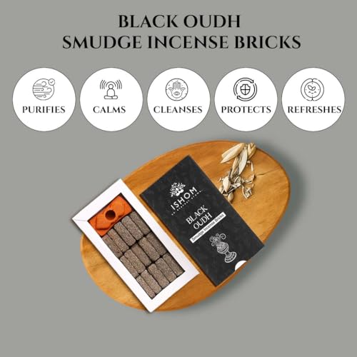 Image of Black Oudh Smudge Incense 15 Bricks with 1 Holder Combo Made with Agarwood Oil & Powder, LongLasting Calming Aroma for Relaxation, Aromatherapy & Prayer, Ideal for Home Purification & Meditation