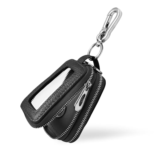 Car Key Fob Case, Double Zipper Genuine Leather Protection Key, Universal Premium Car Key Fob Case, Metal Hook and Keyring with Transparent Window for Men Women (Black)
