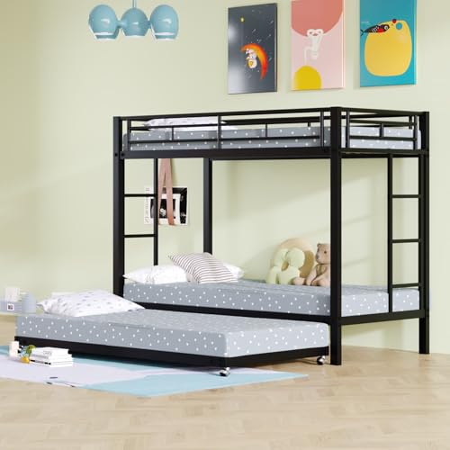 KOMHTOM 90x200cm Lit Superposé avec lit gigogne, Lit en Fer avec 2 Escaliers Verticaux et Barrières de Sécurité(sans Matelas) (Noir)