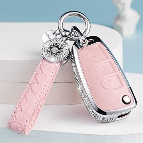 SHANGHONG Compatible with Audi Key Fob Cover with Keychain Genuine Leather Crystal Full Protection Key Case Shell Fit for Audi A1 A3 Q3 Q7 R8 A6L TT Smart Key-Pink