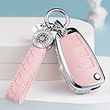 SHANGHONG Compatible with Audi Key Fob Cover with Keychain Genuine Leather Crystal Full Protection K