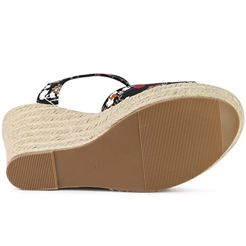 Allegra K Allegra K Women's Platform Floral Printed Slingback Espadrille Black Wedge Sandals 9 M US