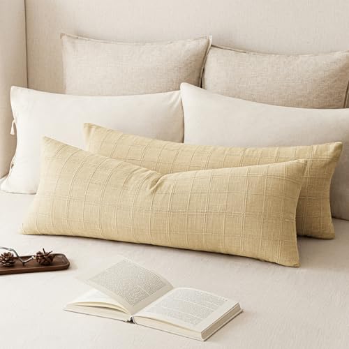 Image of Foindtower Set of 2 Decorative Linen Check Throw Pillow Covers Neutral Farmhouse Vintage Cushion Covers Cozy Modern Boho Accent Home Decor for Sofa Chair Couch Bed Living Room,14x36 Inch,Light Yellow