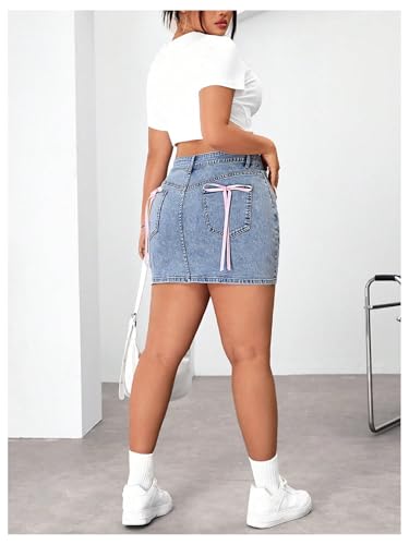 MakeMeChic Women's Plus Size Summer Denim Skirt Bow Stretchy Bodycon Y2k Mini Jean Skirts4