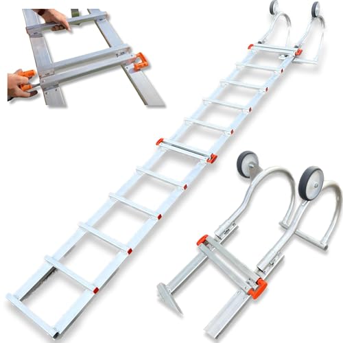 Echelle de Toit Longueur 4,65m Facile à Installer - Lot 2 Rallonges de 2,00m + 1 Crochet de 0.65m avec Roues 120mm - Tout en Aluminium - Très Légère 12 kg - Résistance Charge maximale 150 kg