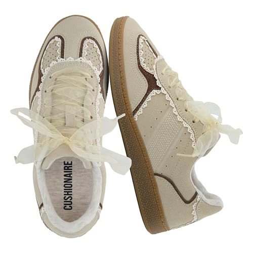 Image of CUSHIONAIRE Belinda Women's Lace Detail Casual Sneakers - Elegant Ribbon Lace-Up Shoes with Memory Foam