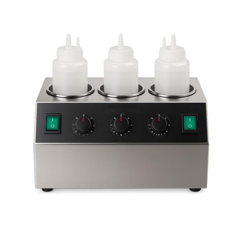 Calentador de Salsas eléctrico Triple, baño maría Profesional de 240 W, Calentador de Salsas de Acero Inoxidable con termostato Regulable y 3 Botellas de 700 ml Incluidas