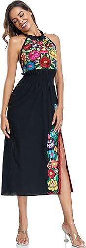 Image of Womens Mexican Floral Embroidered Halter Maxi Dress Side Slit Boho Dress