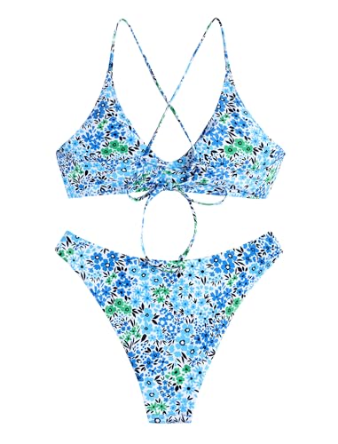 Image of ZAFUL Women's Tie Back Padded High Cut Bralette Bikini Set Two Piece Swimsuit