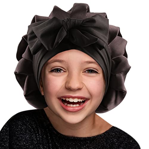 greatremy Kids Bonnet for Girl Double Layer Silk Satin Bonnet with Tie Band Elastic Band Bonnet Sleep Satin for Kids Black Medium
