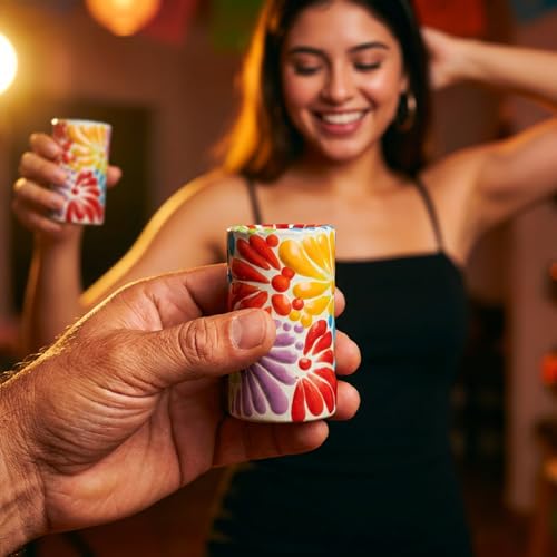 Image of Talavera Shot Glasses Set of 4 Authentic Mexican Tequila Shot Glasses - Hand-painted - 2 Oz (Multi Petal)
