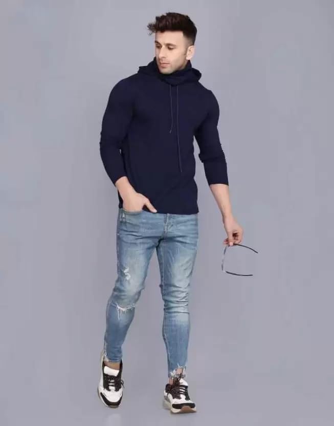 Image of Cotton Solid Men Hooded Neck with Mask Full Sleeves Hoodie /Sweatshirt for Men