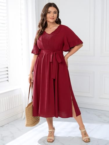 Image of SCOMCHIC Women's Plus Size Wedding Guest Dress Smocked V Neck Short Ruffle Sleeve Split Flowy Summer Cocktail Dresses