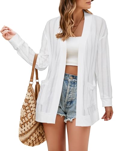 Image of STYLEWORD Women's 2026 Summer Fashion Cardigan Lightweight Boho Knit Hollow Beach Cover Up Kimonos Open Front with Pockets