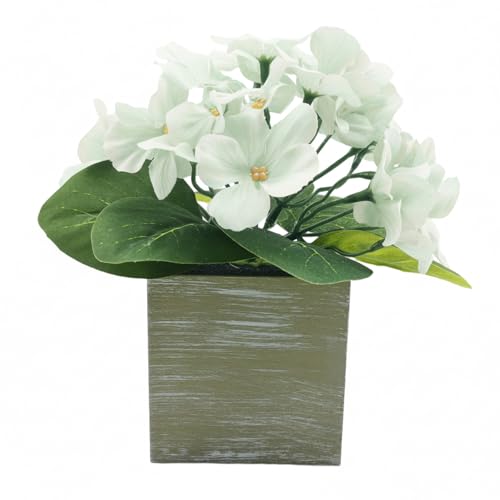 Image of KARP Artificial Potted Plants, 20Cm Height Mini White Hydrangea Flower Plant with Pots Home Decor, Indoor Artificial Ornamental Plant for Living Room, Office Desk & Bathroom, Decorative