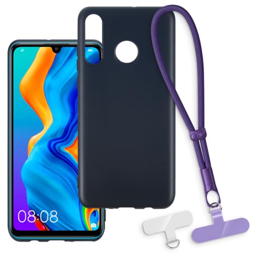 OAGELIM Funda Protectora 2 en 1 con Correa de Muñeca Compatible con Huawei P30 Lite New Funda con Cordón Desmontable, Asa Antideslizante y Antipérdidas (Negro + Morado)