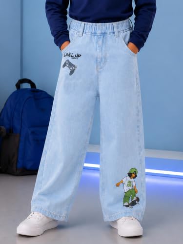 Image of KiddoPanti Boys Baggy Jeans | Stretch Denim Wide Leg Jeans | Elastic Waist Casual Denim Pants | Cotton Blend Loose Fit with 4 Pockets | Kids Street wear | 2-14 Years