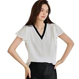 [POGCZMKK] シフォン シャツ トップス レディース Tシャツ 半袖 プルオーバー Vネック 切り替え フリルブラウス 無地 ふわふわ ゆったり 着痩せ エレガント ファッション カジュアル デート 通勤 春 夏服 ワイシャツ