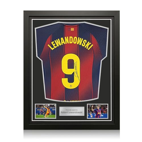 Exclusive Memorabilia Camiseta auténtica del Barcelona firmada por Robert Lewandowski. Enmarcada.