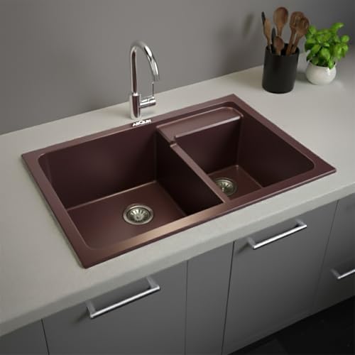 Image of ARQUIN Double Bowl Quartz Kitchen Sink 31x18x9 Inch Sand Pluto Granite sink, UV Protected, Undermount /Topmount Noise Reducing Quartz Sink for Kitchen Basin