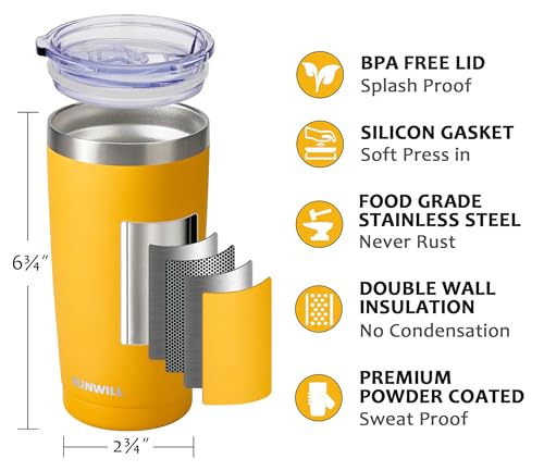 Image of SUNWILL Travel Coffee Tumbler 20 oz, Insulated Mug with Lid, Stainless Steel Cup for Hot and Cold Drinks, Powder Coated Yellow