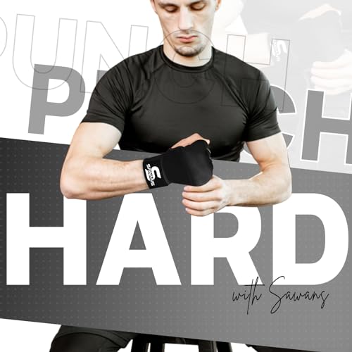 Box-Handbandagen Innenhandschuhe zum Schutz der Hände Lange Handgelenkriemen elastisch gepolstert Kampfsport-Kampfhandschuhe Boxsack-Trainings-Gel-Pratzen Muay Thai MMA Kinder (Schwarz, S/M)