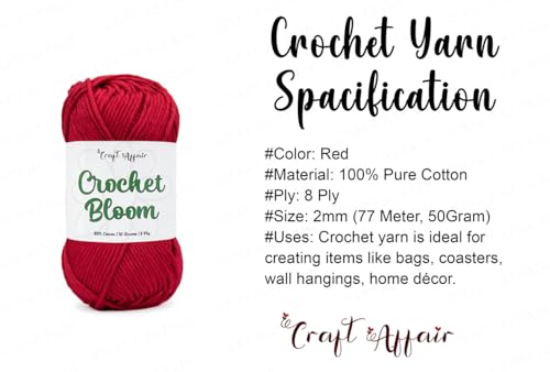 Image of Craft Affair | Crochet Bloom Cotton Yarn 8ply (2mm, 77Meter, 50Gram) 100% Pure Cotton | Knitting Yarn | for Embroidery, Craft & DIY Project: Red