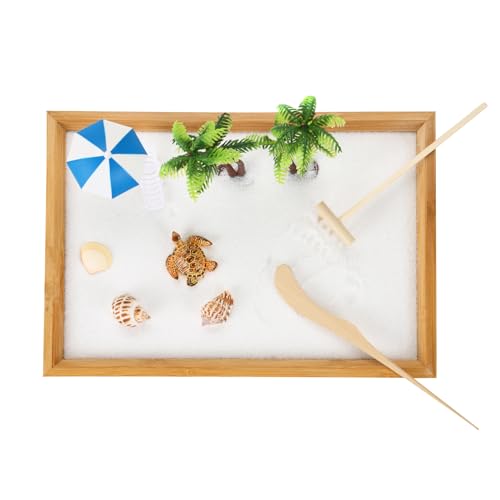 Japanese Zen Garden for Desk, Mini Small Beach Zen Garden Kit for Desk, Meditation Accessories Desktop Sandbox, Relaxing Claiming Gift for Man Women, White Sand with Wooden Tray, Z metnal, Not a Toy