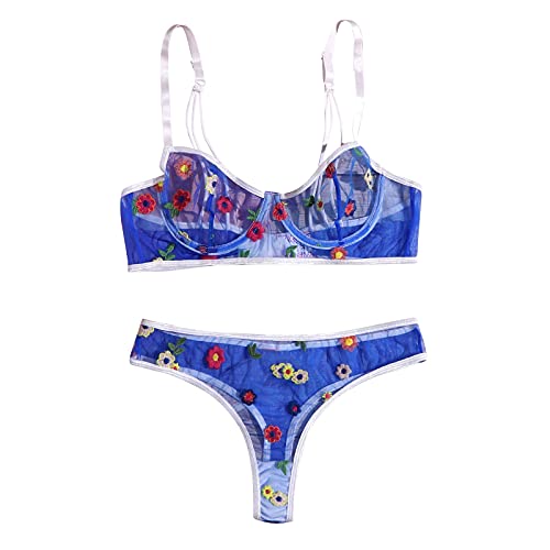 Flowers brodery Tops Daily Wearing Shopping Girl Col V (Blue, L)