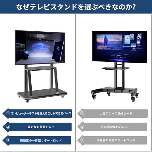 undefined WuYouDa テレビスタンド キャスター付き 高さ調節可能 液晶テレビスタンド 双柱設計 棚板付き 32〜75インチ対応 最大耐荷重60kg VESA規格対応(横200~600mm / 縦100~400mm) 省スペース設計 家庭・学校・会社・商業施設・病院向け (ブラック) の商品画像 1