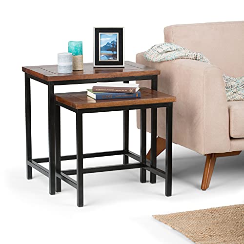 New Deal SIMPLIHOME Skyler SOLID MANGO WOOD and Metal 25 inch wide Rectangle Modern Industrial Nesting 2 Pc Side Table in Dark Cognac Brown, Fully Assembled, for the Living Room and Bedroom