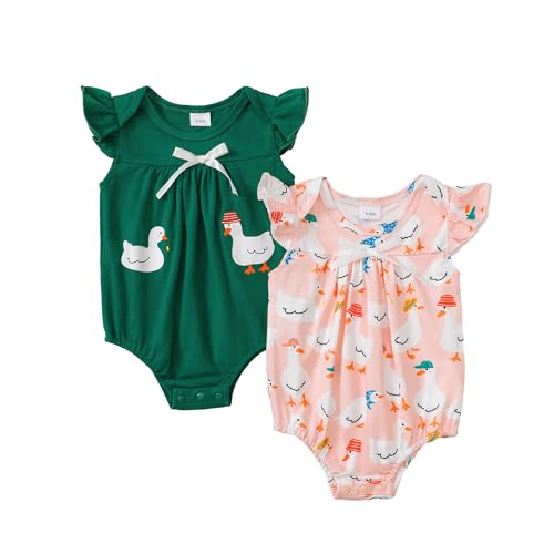 Image of CVXV Infant Baby Girl Summer Oufits Toddler 100% Cotton Super Soft Bodysuits Romper,Green Ducks,6-9 Months