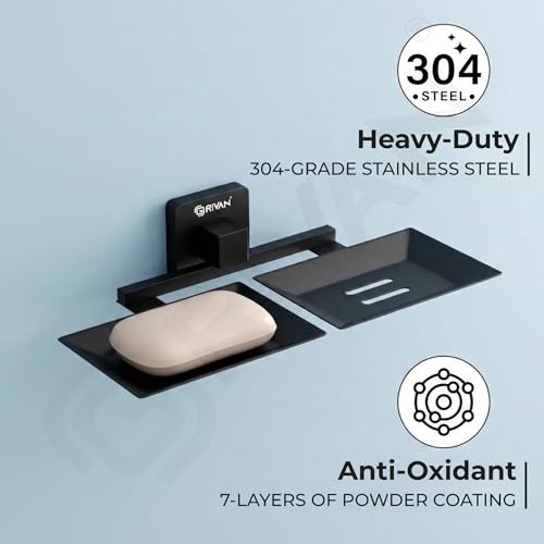 Image of GRIVAN Stainless Steel Double Soap Holder | Wall Mounted Square Soap Dish | Matte Black Finish | Rust-Free Bathroom Accessorries (Black, Pack of 1)