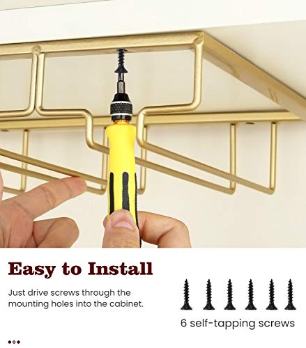 Nuovoware Wine Glass Rack, 4 Rows Wine Glass Holder Storage Hanger Metal Organizer Under Cabinet Stemware Rack for Bar Kitchen Cabinet, Nano Golden