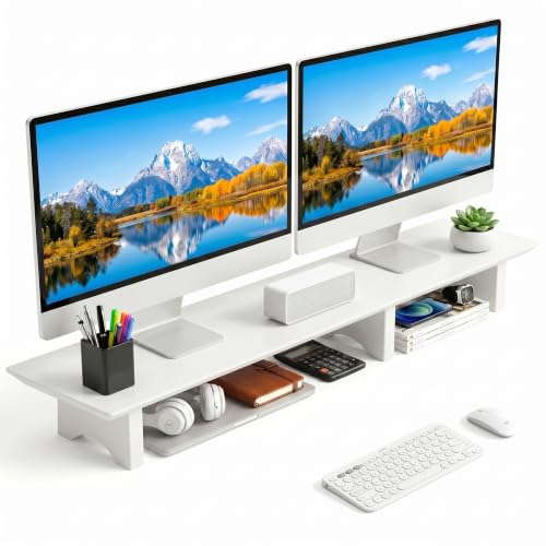 Image of Aothia 43 in White Dual Monitor Stand, Monitor Riser for Desk, Solid Wood