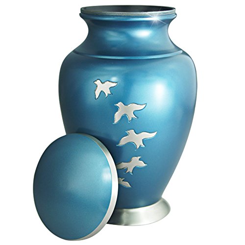 Cremation Urn for Human Ashes Adult - Brass Funeral Urn for Women or Men - Display Burial At Home or in Niche at Columbarium (Silvery Aria Flying Birds / Hummingbird, Blue Metal Urn for Adults Large