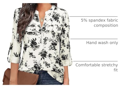Image of Bulotus 3 /4 Length Sleeve Womens Striped Tops Zipper V Neck Collared Blouses Business Casual Tunics 2026 Spring Trendy