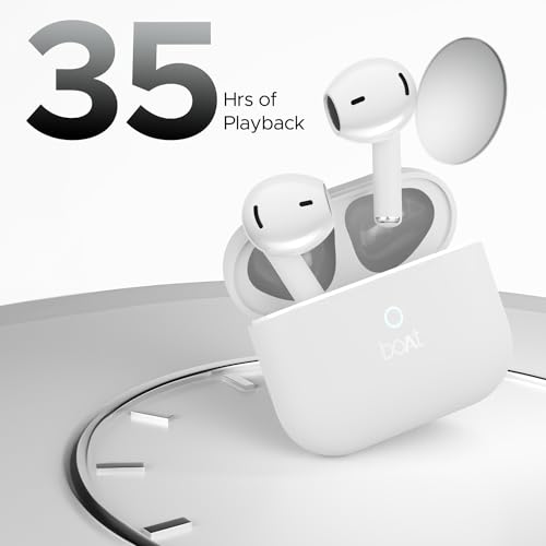 Image of Boat Airdopes Joy, 35Hrs Battery, Fast Charge, IWP Tech, Low Latency, 2Mic ENx, Type-C Port, v5.3 Bluetooth Earbuds, TWS Ear Buds Wireless Earphones with mic (Swedish White)