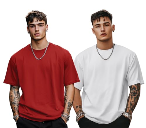 Image of Veirdo Solid Oversized 100% Pure Cotton Combo T-Shirt for Men & Boys (Half Sleeves, Round Neck, Drop Shoulder, Baggy Fit, Pack of 2, Available in S to 2XL