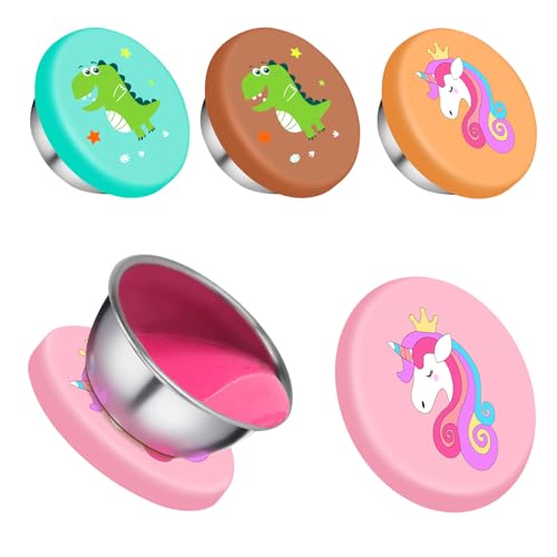 MAIGOZON Salad Dressing Containers To Go, Small Condiment Containers with Lids, Stainless Steel Condiment Cup with Unicorn Leakproof Silicone Lids for Lunch Bento Box (2PCS Dinasaurs+2PCS unicorn)