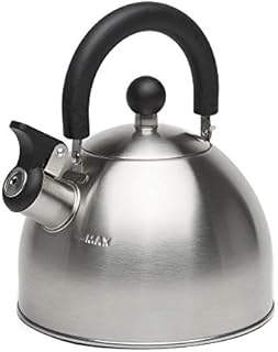 Primula Stewart Whistling Stovetop Tea Kettle Food Grade Stainless Steel, Hot Water Fast to Boil, Cool Touch Folding, 1.5 Qt, Brushed with Black Handle