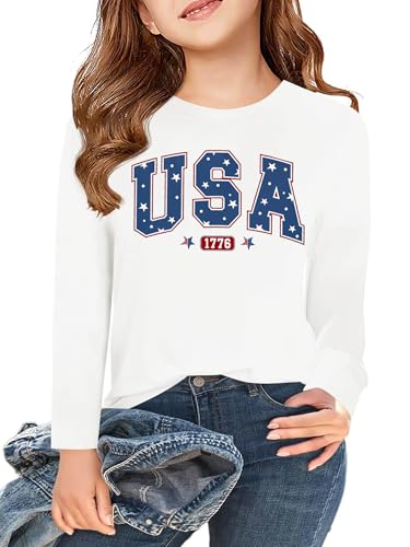 Image of Ithalt 4th of July Outfit Kids Girls American T Shirt USA T-Shirt Fourth of July Tops Patriotic Long Sleeve Tops