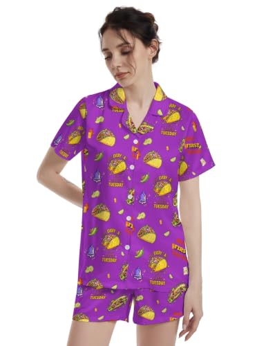 Image of Funny Pajamas for Women Set Print Satin Loungewear Pjs Short Sleeve Button Down Top and Shorts Sets Sleepwear XS-3XL