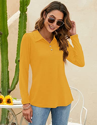 Lomon Womens Collared Shirt Long Sleeve Polo Shirts V Neck Sport Polo Shirt Yellow M #TOP3