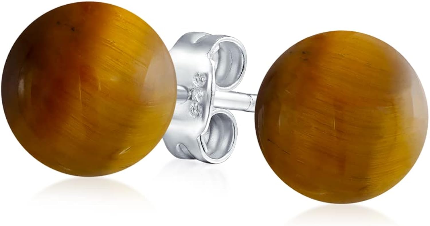 Simple Gemstone Brown Tiger Eye Round Ball Stud Earrings For Women .925 Sterling Silver 6MM, Brown Tigers Eye