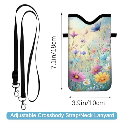 Image of Neoprene Cell Phone Sleeve Pouch Case Bag with Crossbody Strap Neck Lanyard for Women 7.1 X 3.9 in Colorful Flowers