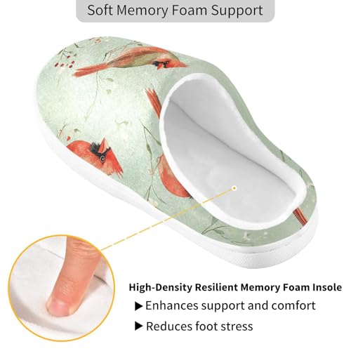 JUNZAN Aesthetic Northern Red Birds Sage Green Women Cotton Slippers Non Skid Memory Foam Bedroom Shoes for Outdoor Christmas Presents 6-72