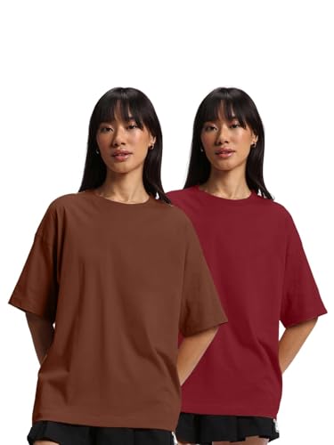 Image of JUNEBERRY Pure Cotton Drop Shoulder Oversized Baggy Fit Half Sleeve Plain Solid Round Neck Multicolor T-Shirt for Women & Girls (Pack of 2) (Sizes S-2XL)