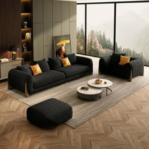 Image of Boucle Fabric Modern Design Sofa with Pillow or Strong Woden Legs Best for Living Room, Halways, Garden (3+1 Seater + Ottoman (Black))