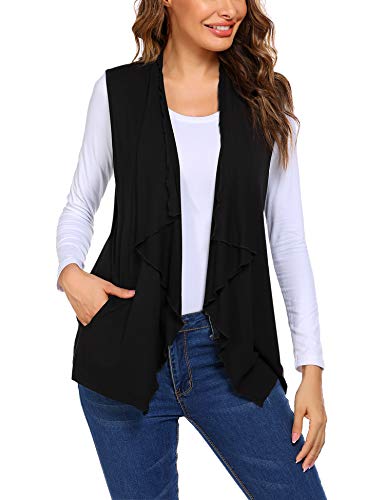 Beyove Women's Asymetric Hem Sleeveless Vest Draped Open Front Cardigan Vest with Pocket Comfy Cardigan Black XL